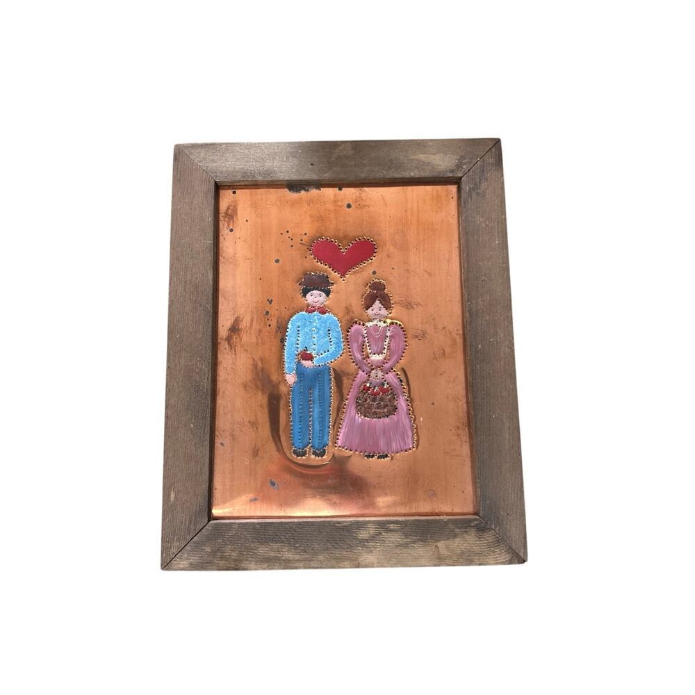 Vintage Folk Art Copper Wall Hanging Hand Painted Couple Heart Framed 11x14